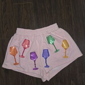 QUEEN OF SPARKLES Pink High Waist Shorts with Sequin Wine Glasses